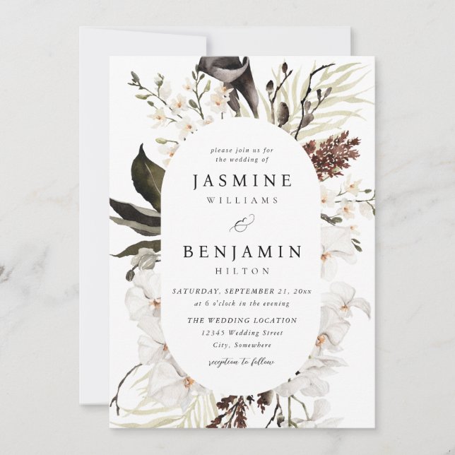 Invitación Boda floral blanco y negro (Anverso)