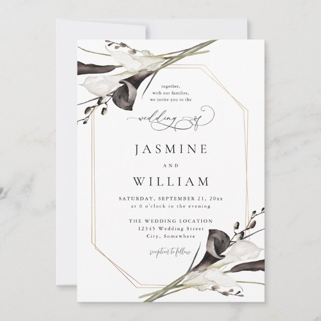 Invitación Boda floral blanco y negro 4 (Anverso)