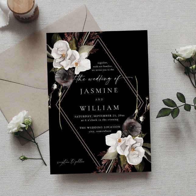 Invitación Boda floral blanco y negro B - negro (Subido por el creador)