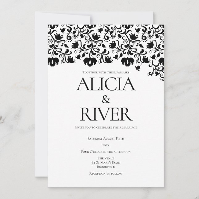 Invitación Boda floral blanco y negro con estilo (Anverso)