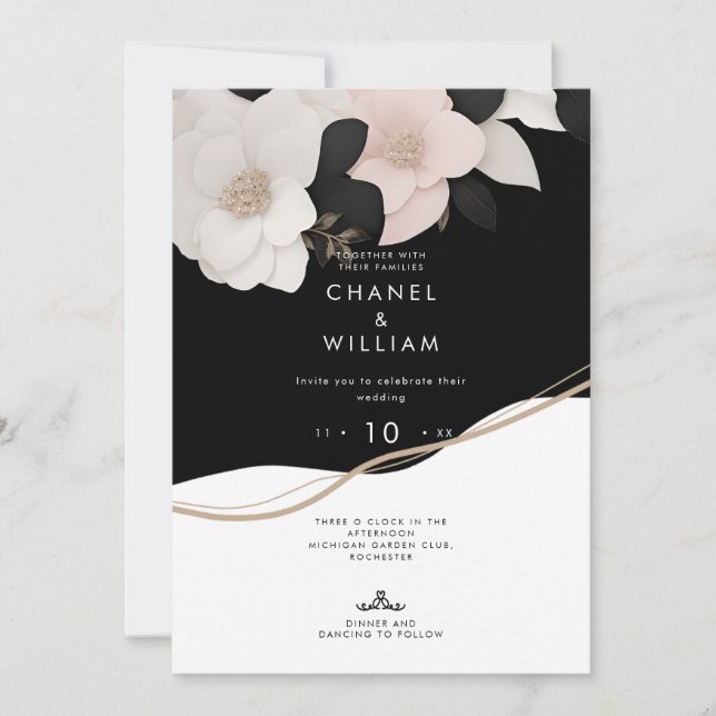 Invitación Boda floral blanco y negro de inspiración canalla (Anverso)