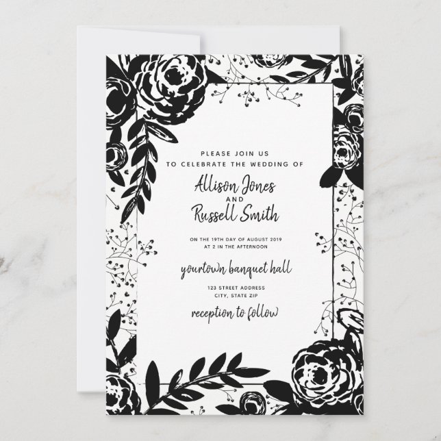 Invitación Boda floral blanco y negro de la caligrafía (Anverso)