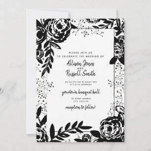 Invitación Boda floral blanco y negro de la caligrafía