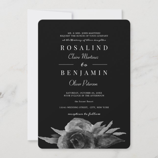 Invitación Boda floral blanco y negro de lujo único (Anverso)