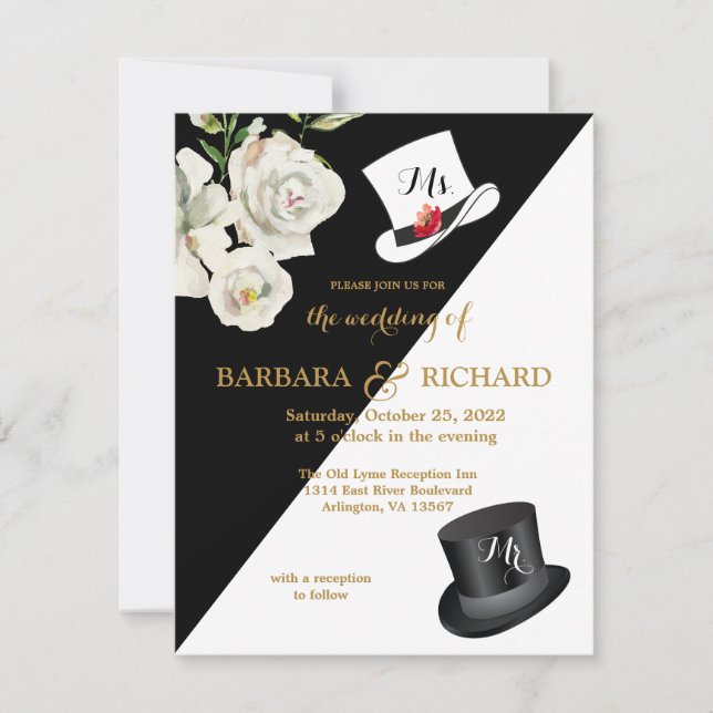 Invitación Boda floral blanco y negro de presupuesto (Anverso)