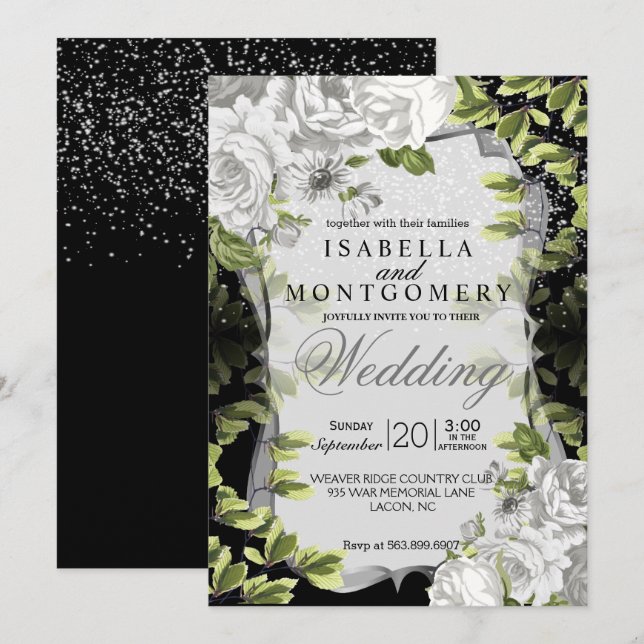 Invitación Boda floral blanco y negro elegante (Anverso / Reverso)