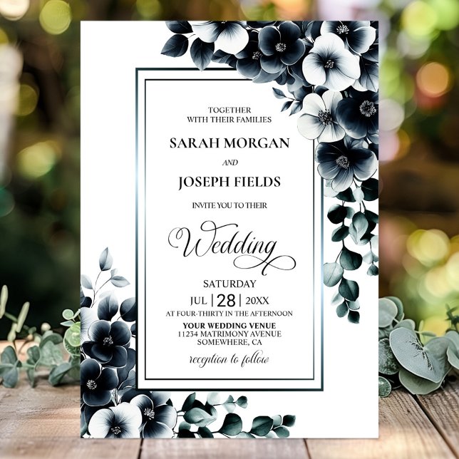 Invitación Boda floral blanco y negro elegante (Subido por el creador)