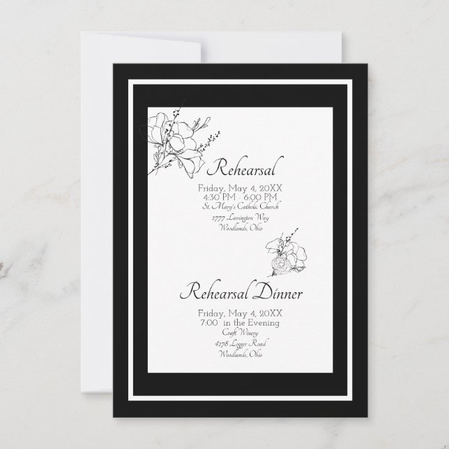 Invitación Boda floral blanco y negro ensayo elegante (Anverso)