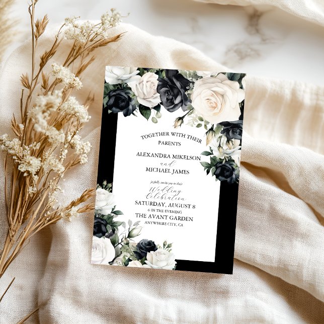 Invitación Boda floral blanco y negro moderno (Subido por el creador)