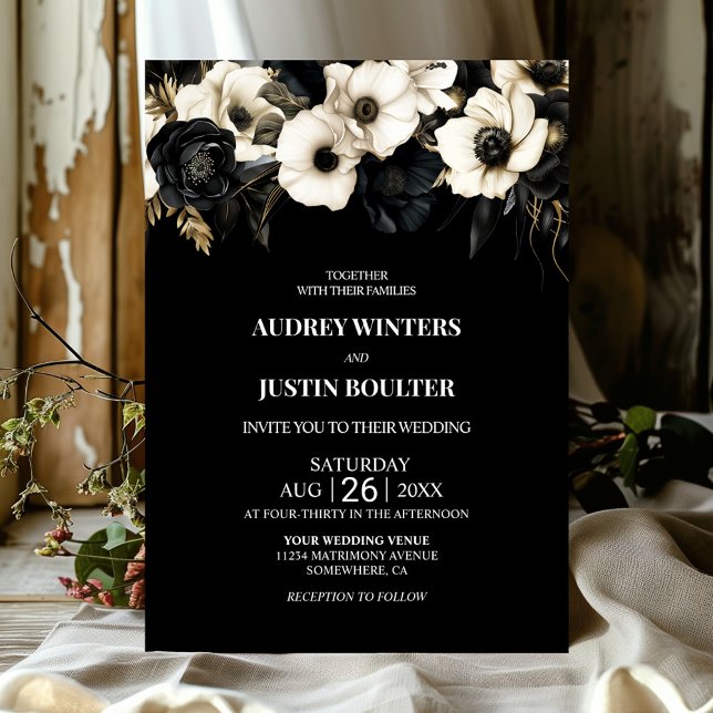 Invitación Boda floral blanco y negro moderno (Subido por el creador)