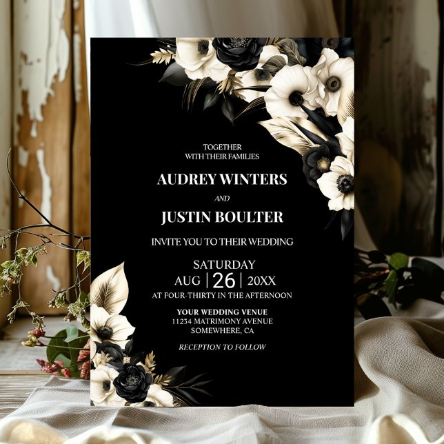 Invitación Boda floral blanco y negro moderno (Subido por el creador)