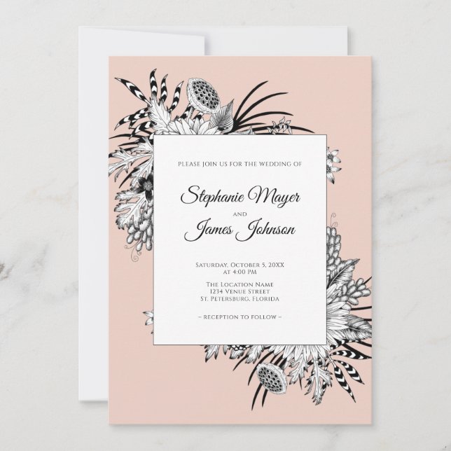 Invitación Boda floral blanco y negro rosa Rubor (Anverso)