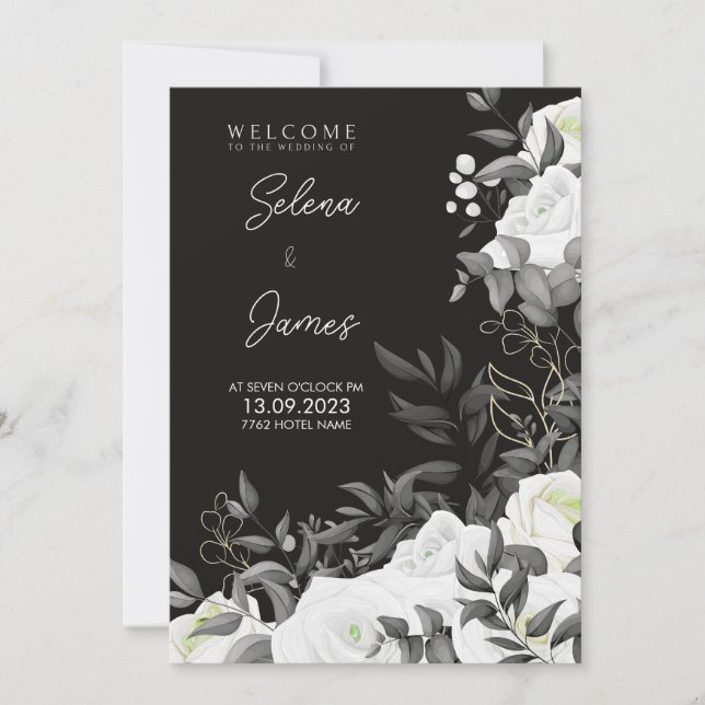 Invitación boda floral blanco y negro sencillo y elegante (Anverso)