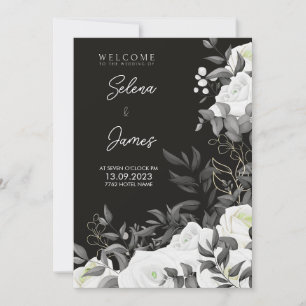 Invitación boda floral blanco y negro sencillo y elegante