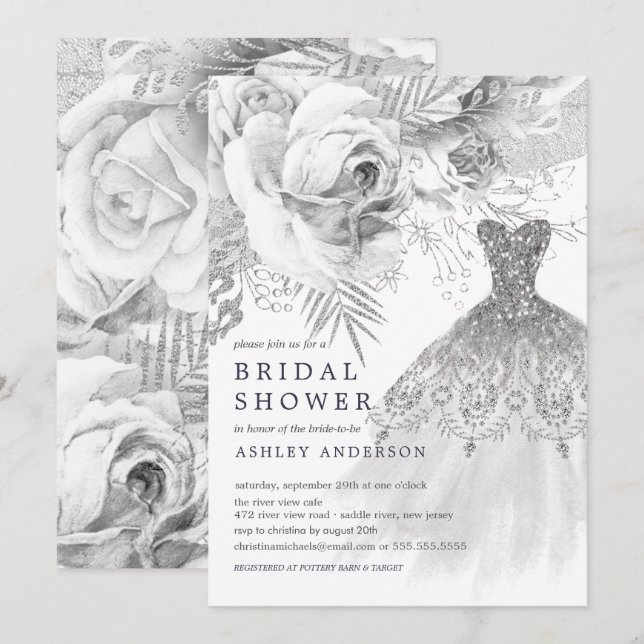 Invitación Boda floral blanco y plateado Vestido ducha de nov (Anverso / Reverso)