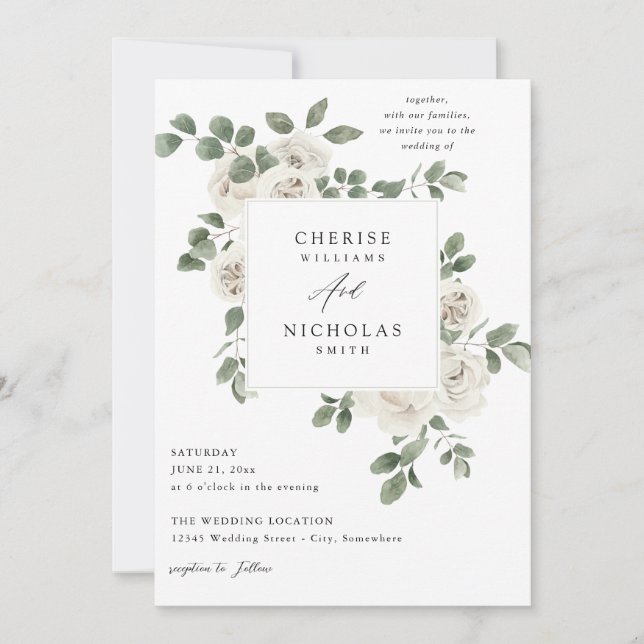 Invitación Boda floral blanda blanca (Anverso)