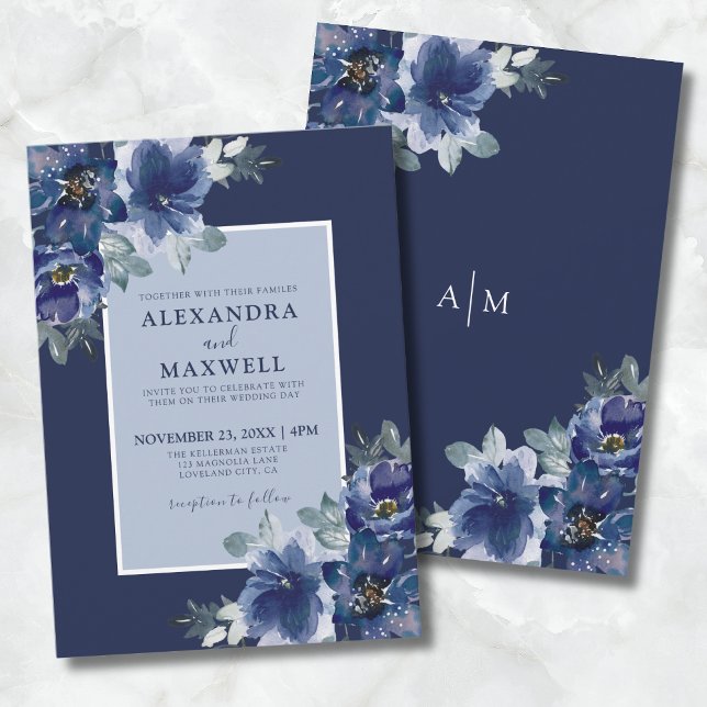 Invitación Boda floral Blue Elegant Botancolor (Blue Elegant Botanical Watercolor Floral Wedding Invitation)