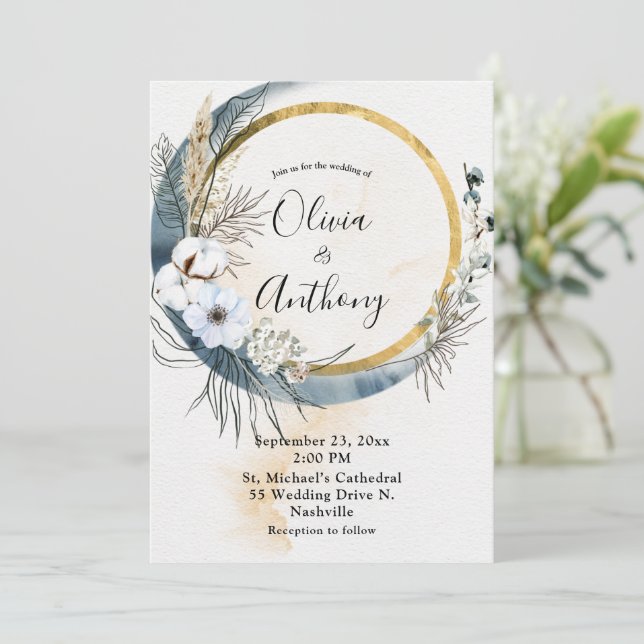 Invitación Boda Floral Blue Gold Boho (Anverso de pie)