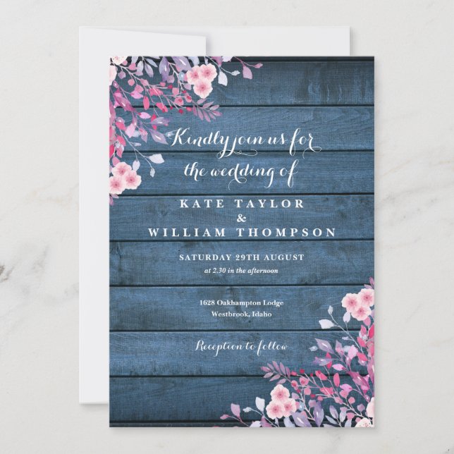 Invitación Boda floral Blue Rustic Wood Wildflowers (Anverso)