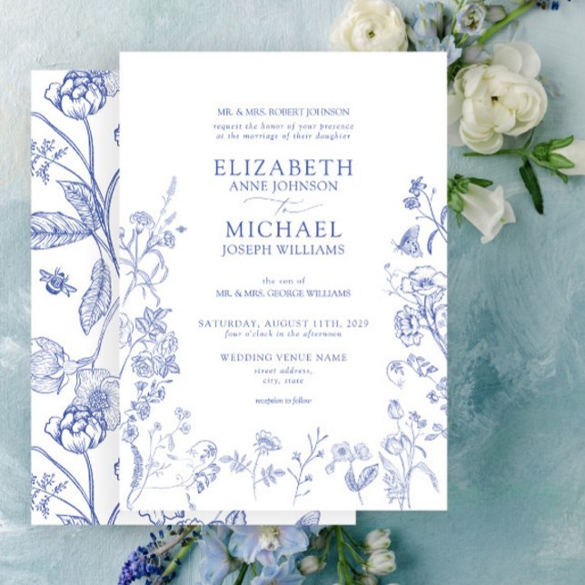 Invitación Boda floral Blue Victorian Classic Chinoiserie (Easy to personalize formal classic blue Chinoiserie French toil wedding invitation.
)
