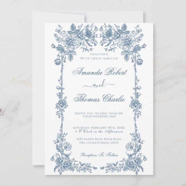 Invitación Boda floral Blue Vintage (Anverso)