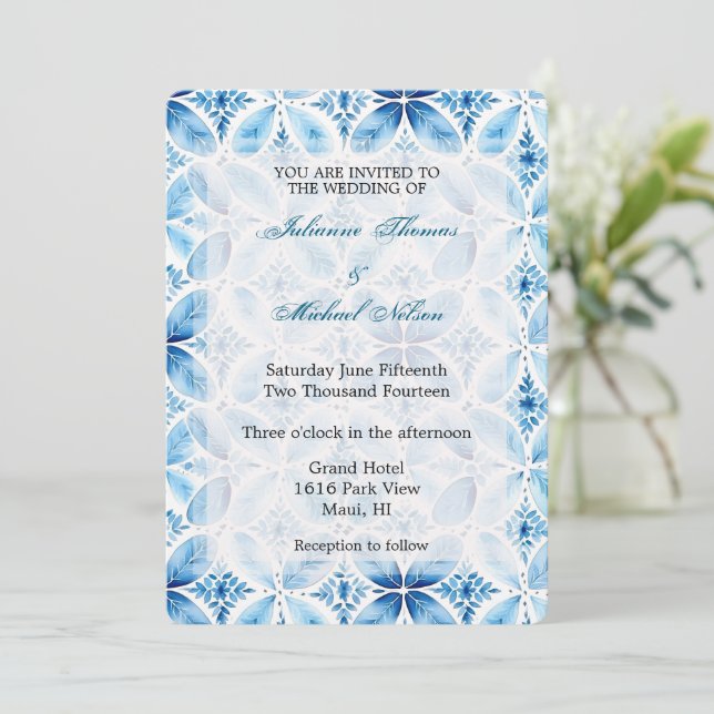 Invitación Boda floral Blue White Batik (Anverso de pie)