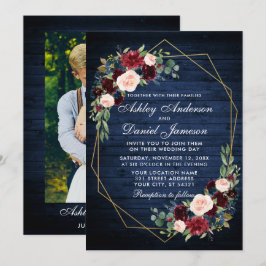 Invitación Boda Floral Blue Wood Geométrica Gold Photo Back