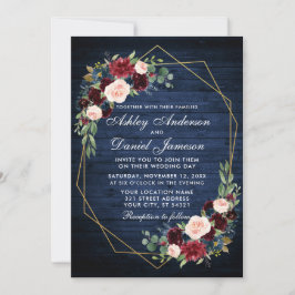 Invitación Boda Floral Blue Wood Photo Back Gold Geométrico