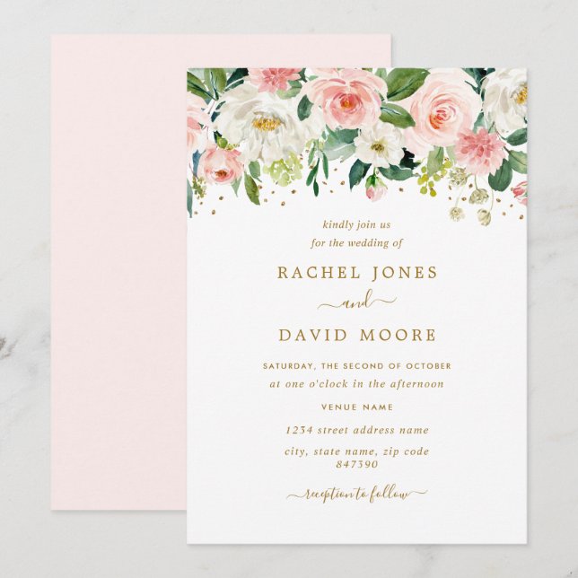 Invitación Boda Floral Blush Gold (Anverso / Reverso)