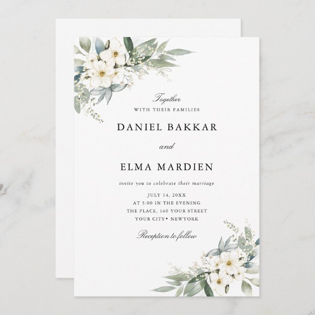 Invitación Boda floral bohemio de acuarela con follaje elegan (Anverso / Reverso)