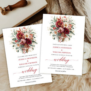 Invitación Boda floral bohemio de otoño Marsala con eucalipto