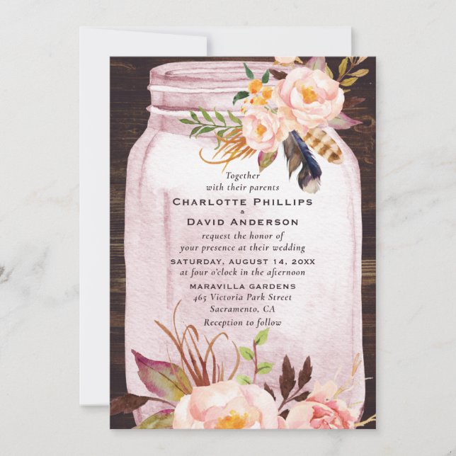 Invitación Boda floral bohemio de Rubor Pink Mason Jar (Anverso)