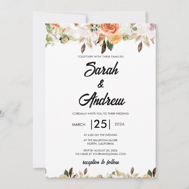 Invitación Boda Floral Bohemio de Terracota Otoño (Anverso)