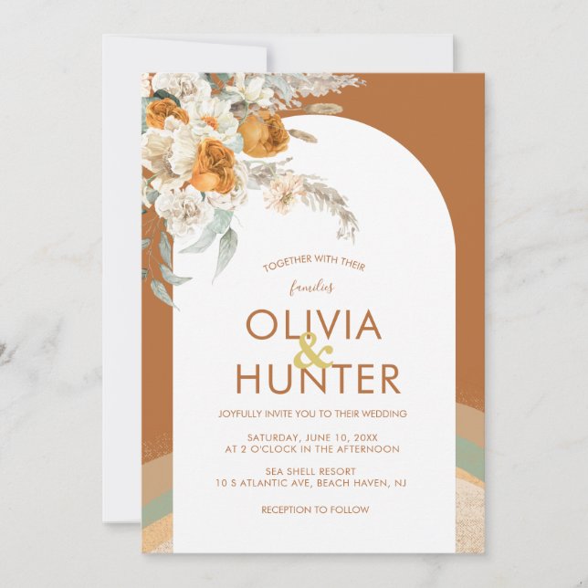 Invitación Boda floral bohemio-moderno de Terracotta (Anverso)