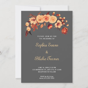 Invitación Boda Floral Bohemio Naranja Preciosa Gris