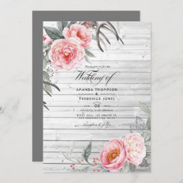 Invitación Boda floral bohemio rosa y grisáceo
