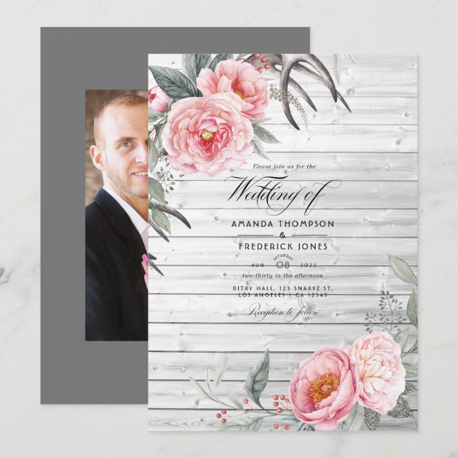 Invitación Boda floral bohemio rústico rosa y gris (Anverso / Reverso)