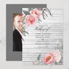 Invitación Boda floral bohemio rústico rosa y gris