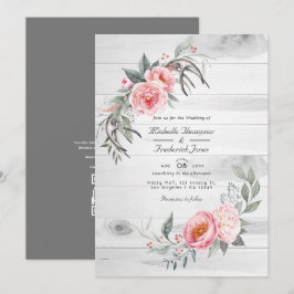 Invitación Boda Floral Bohemio Rústico Rosa y Gris con Código