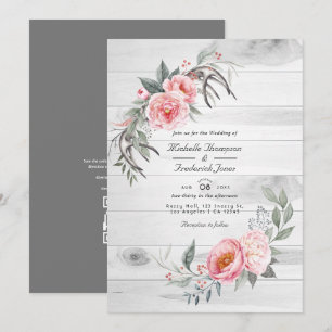 Invitación Boda Floral Bohemio Rústico Rosa y Gris con Código