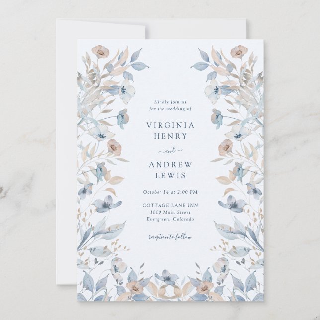 Invitación Boda Floral Boho Azul (Anverso)