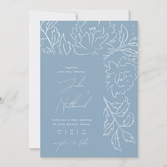 Invitación Boda floral boho azul polvoriento (Anverso)