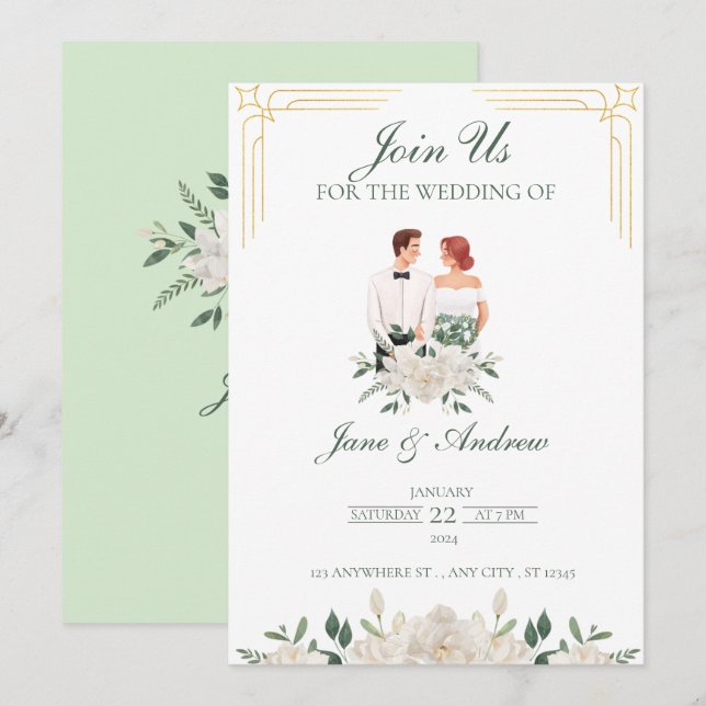 Invitación Boda floral boho blanca y verde  (Anverso / Reverso)