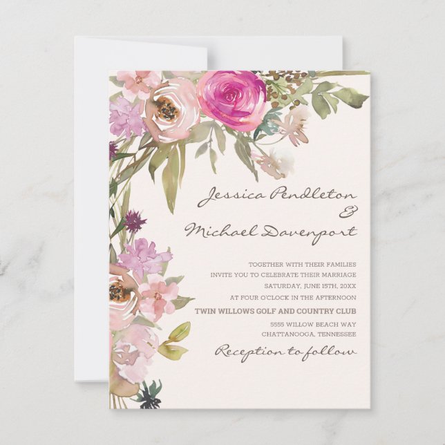Invitación Boda floral boho blush rosa lavanda (Anverso)