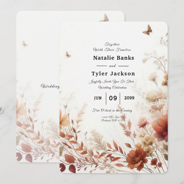 Invitación Boda floral Boho Browns con mariposas (Anverso / Reverso)