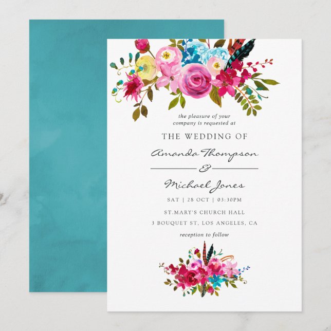 Invitación Boda floral boho chic acuarela (Anverso / Reverso)
