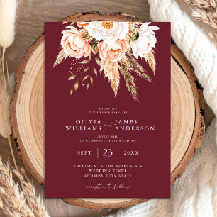 Invitación Boda Floral Boho Chic Borgoña 