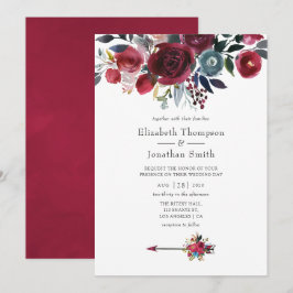 Invitación Boda floral Boho Chic Burgundy y Navy