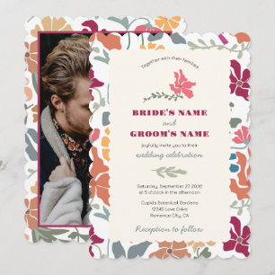Invitación Boda Floral Boho Chic Retro Mediados de Siglo Foto
