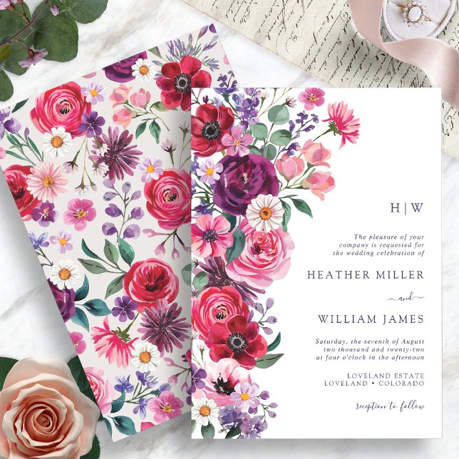 Invitación Boda Floral Boho Colorida (Colorful Boho Floral Wedding Invitation Monogrammed by Painted Paperie
)